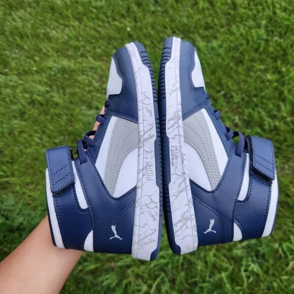 Puma Kids Rebound Blue White Layup Mid-Top Marbled Sole Sneakers Size 2 - Picture 4 of 16